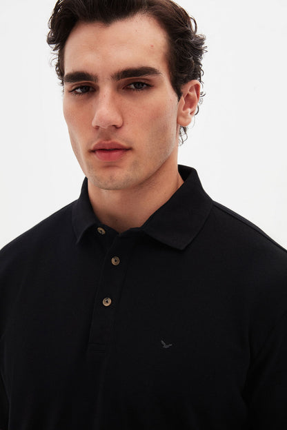 Ds Damat Regular Fit Siyah Pike Dokulu %100 Pamuk Polo Tişört