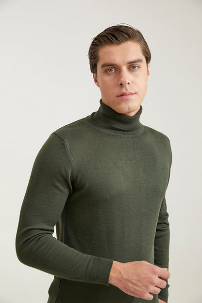Ds Damat Regular Fit Haki Düz Örgü Kazak