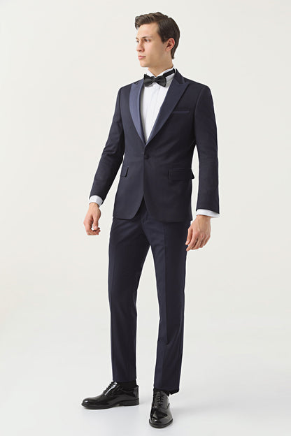 Ds Damat Slim Fit Lacivert Armürlü Damatlık & Smokin Takim Elbise