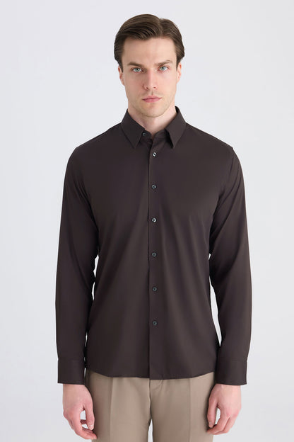 Twn Slim Fit Kahverengi Düz Gömlek