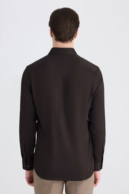Twn Slim Fit Kahverengi Düz Gömlek