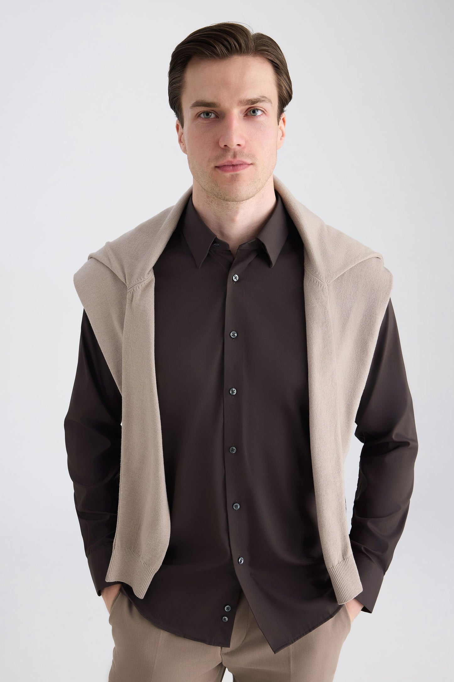 Twn Slim Fit Kahverengi Düz Gömlek