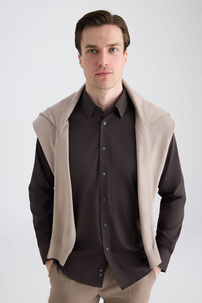 Twn Slim Fit Kahverengi Düz Gömlek