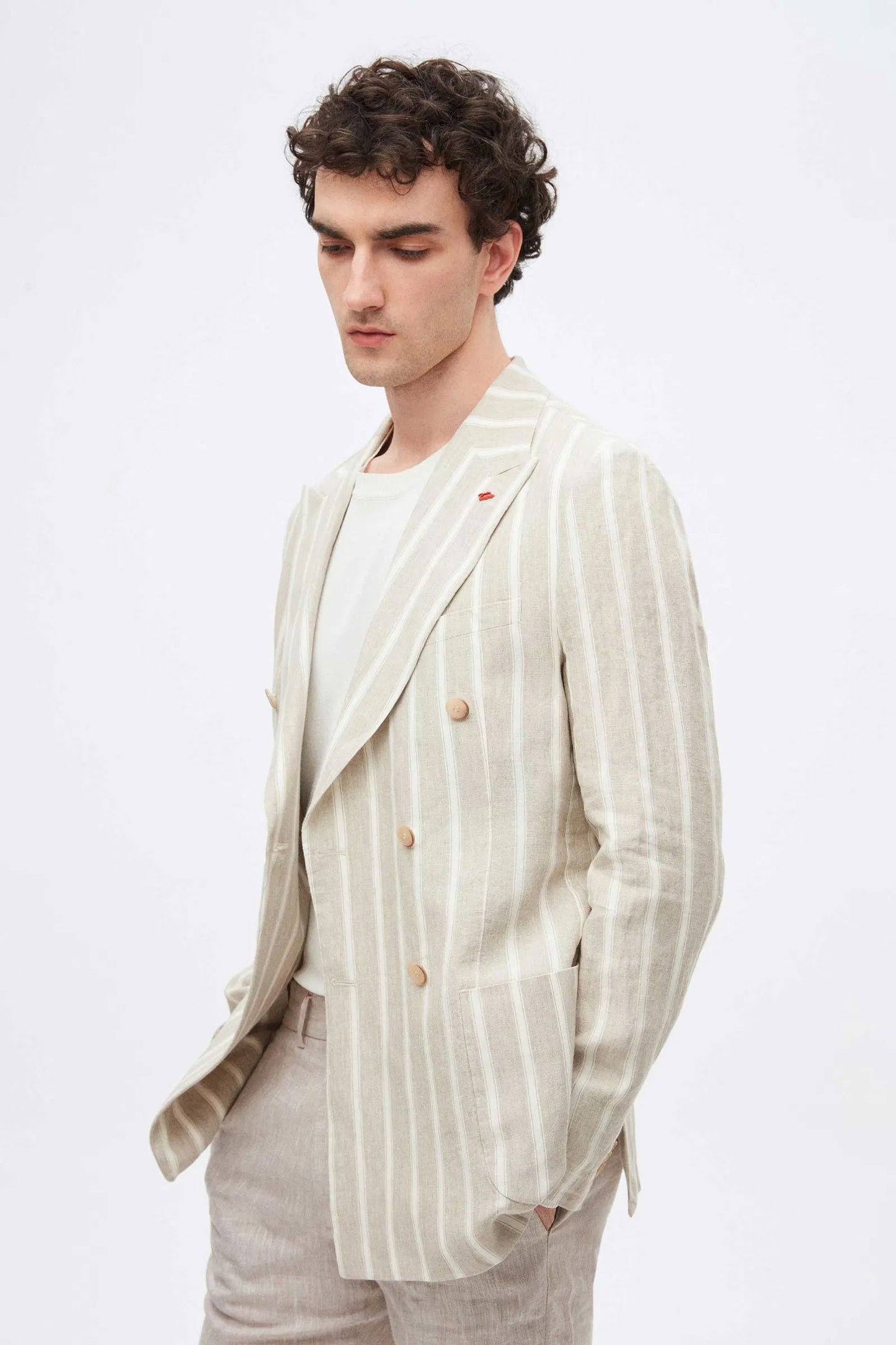 Twn Slim Fit Bej Armürlü %100 Keten Kruvaze Kumaş Ceket