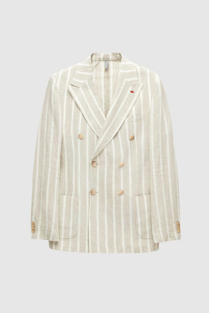 Twn Slim Fit Bej Armürlü %100 Keten Kruvaze Kumaş Ceket