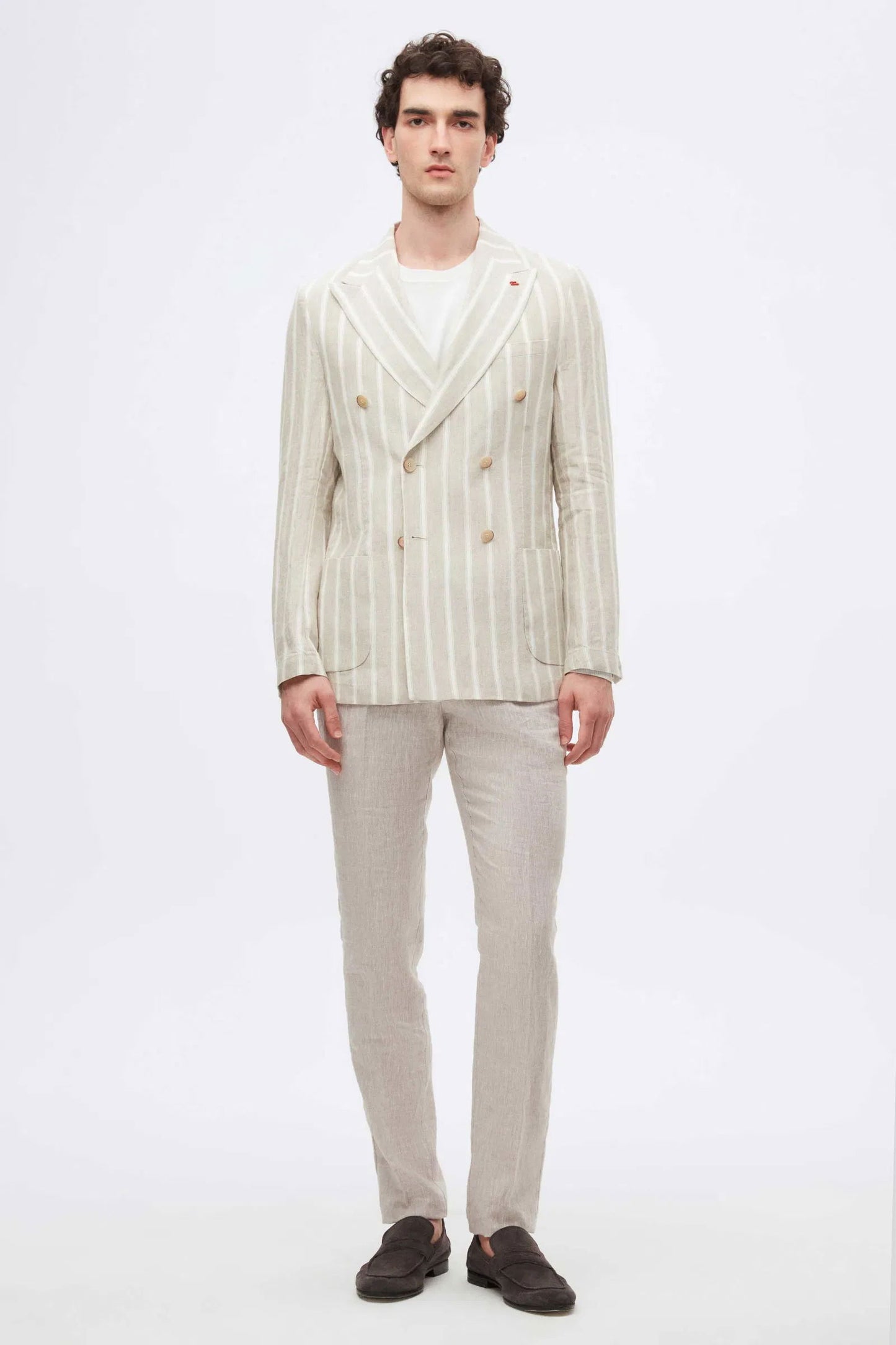 Twn Slim Fit Bej Armürlü %100 Keten Kruvaze Kumaş Ceket