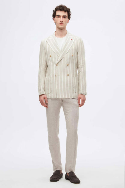Twn Slim Fit Bej Armürlü %100 Keten Kruvaze Kumaş Ceket