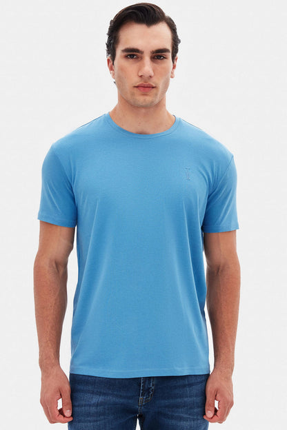 Twn Slim Fit Indigo Düz Kabartma Baskılı T-shirt