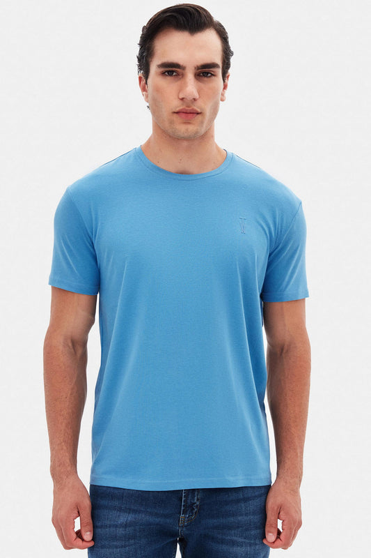 Twn Slim Fit Indigo Düz Kabartma Baskılı T-shirt