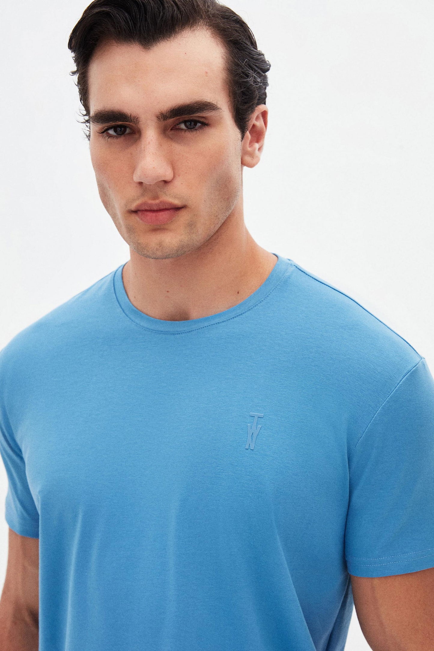Twn Slim Fit Indigo Düz Kabartma Baskılı T-shirt