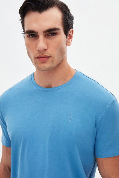 Twn Slim Fit Indigo Düz Kabartma Baskılı T-shirt