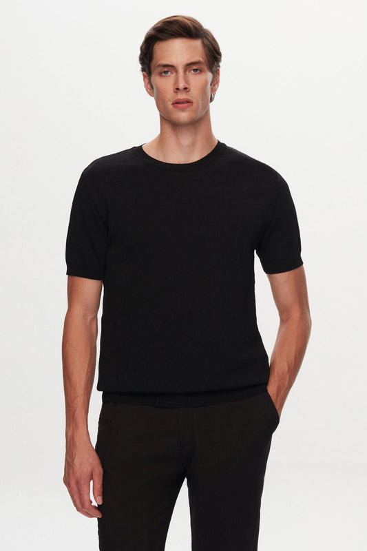 Twn Slim Fit Siyah Düz Örgü T-shirt