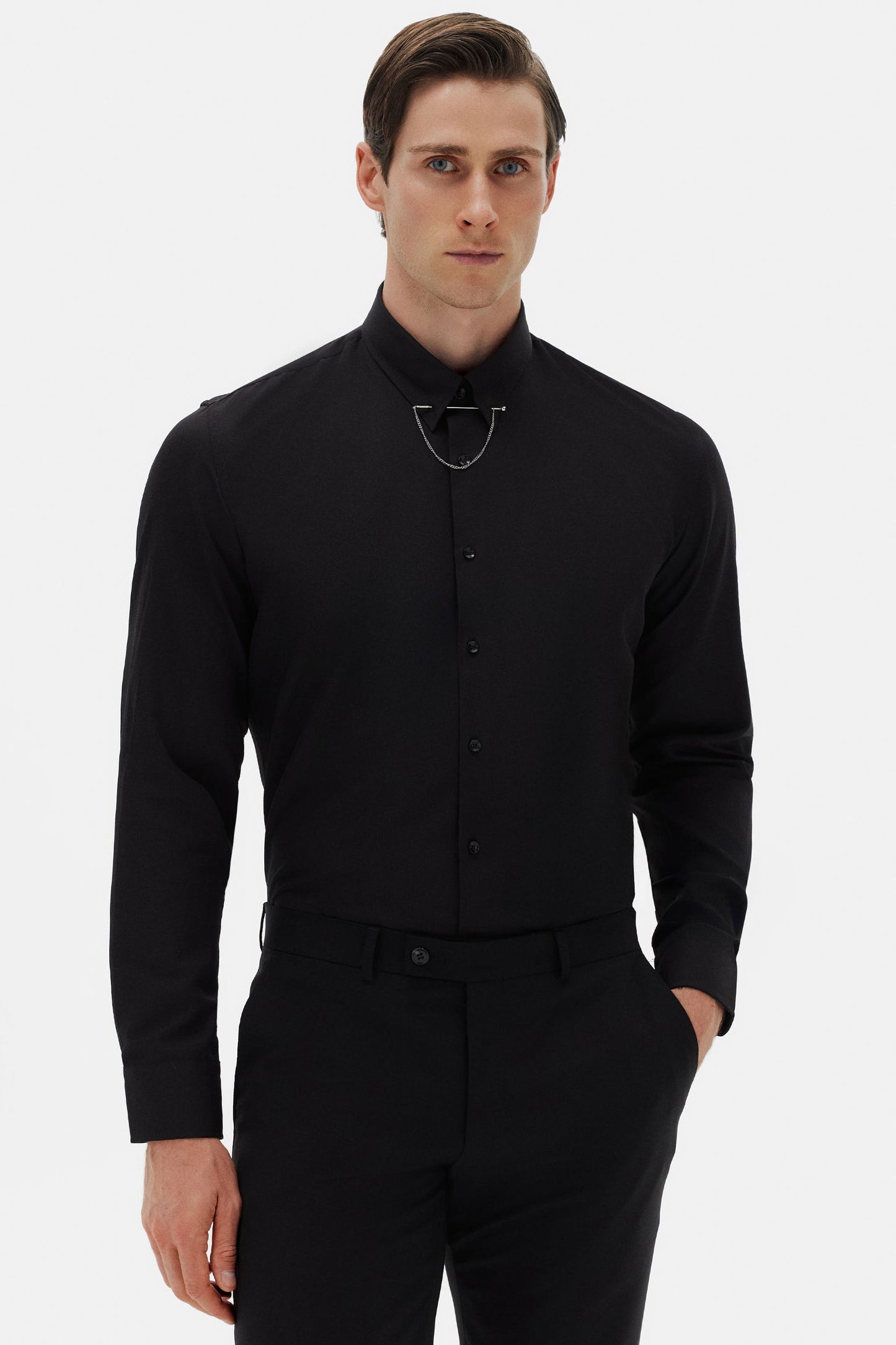 Twn Slim Fit Siyah Krep Desen Gömlek