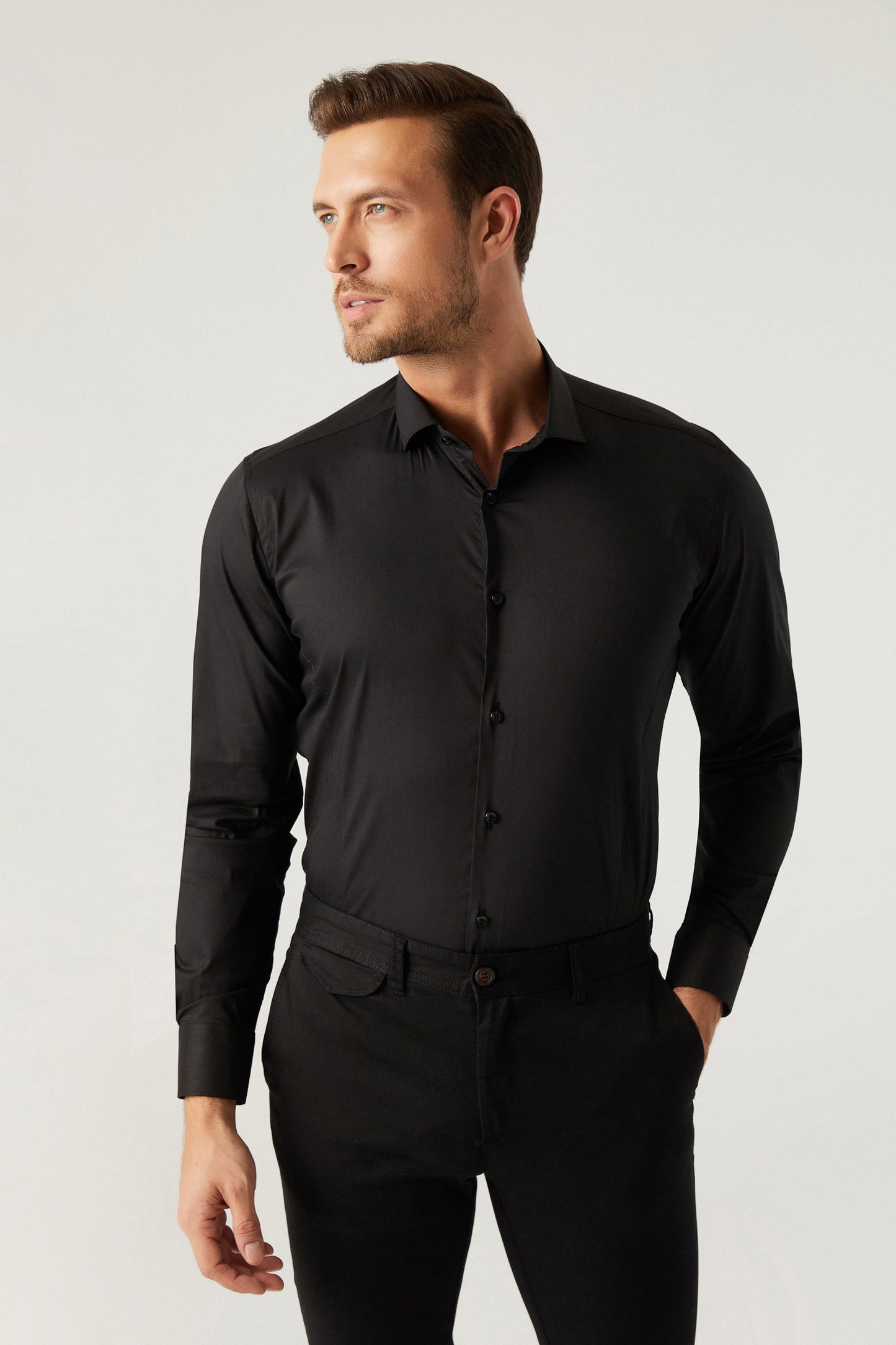 Twn Slim Fit Siyah Düz Gömlek