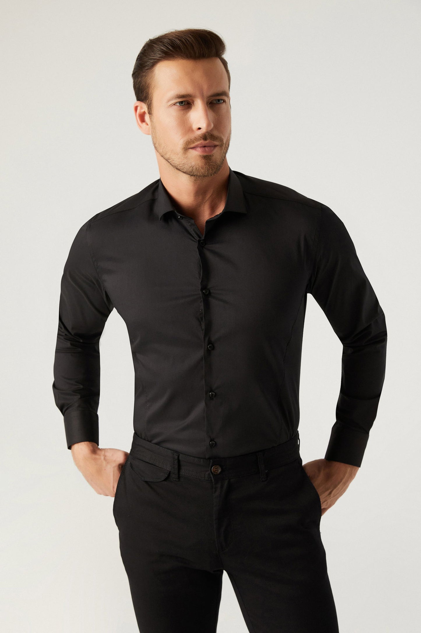 Twn Slim Fit Siyah Düz Gömlek