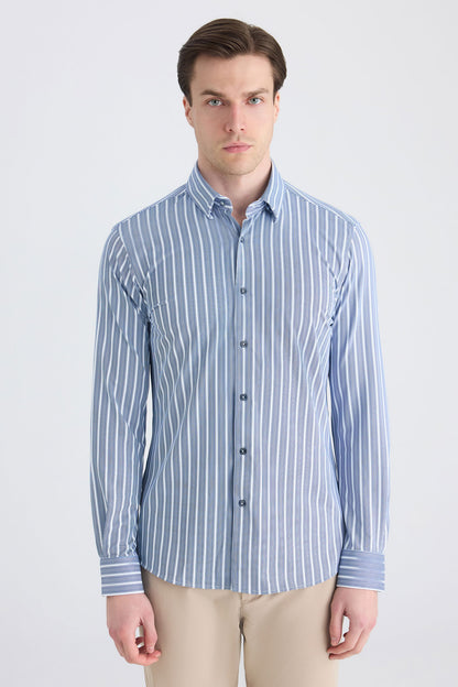 Twn Slim Fit Lacivert Çizgi Baskılı Gömlek