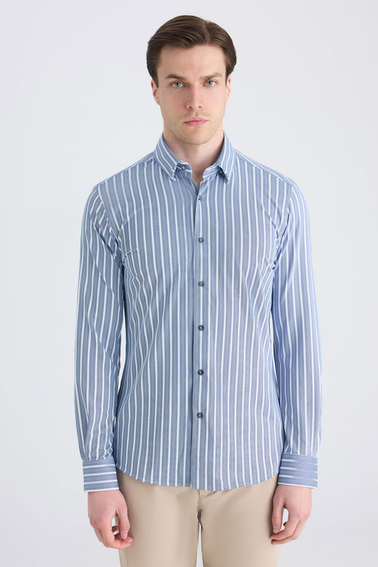 Twn Slim Fit Lacivert Çizgi Baskılı Gömlek