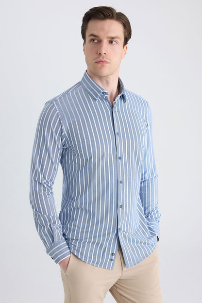 Twn Slim Fit Lacivert Çizgi Baskılı Gömlek