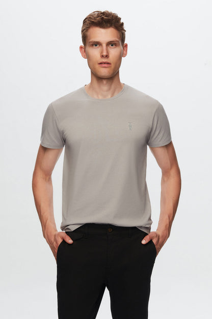 Twn Slim Fit Gri Düz Kabartma Baskılı T-shirt