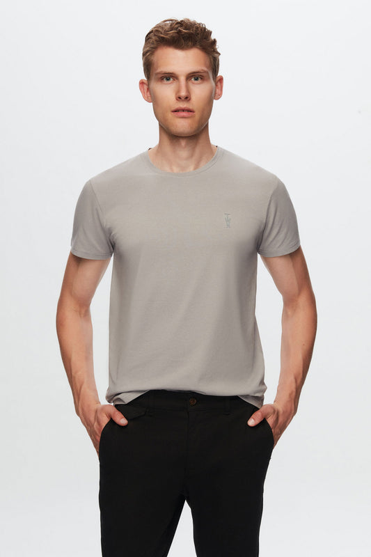 Twn Slim Fit Gri Düz Kabartma Baskılı T-shirt