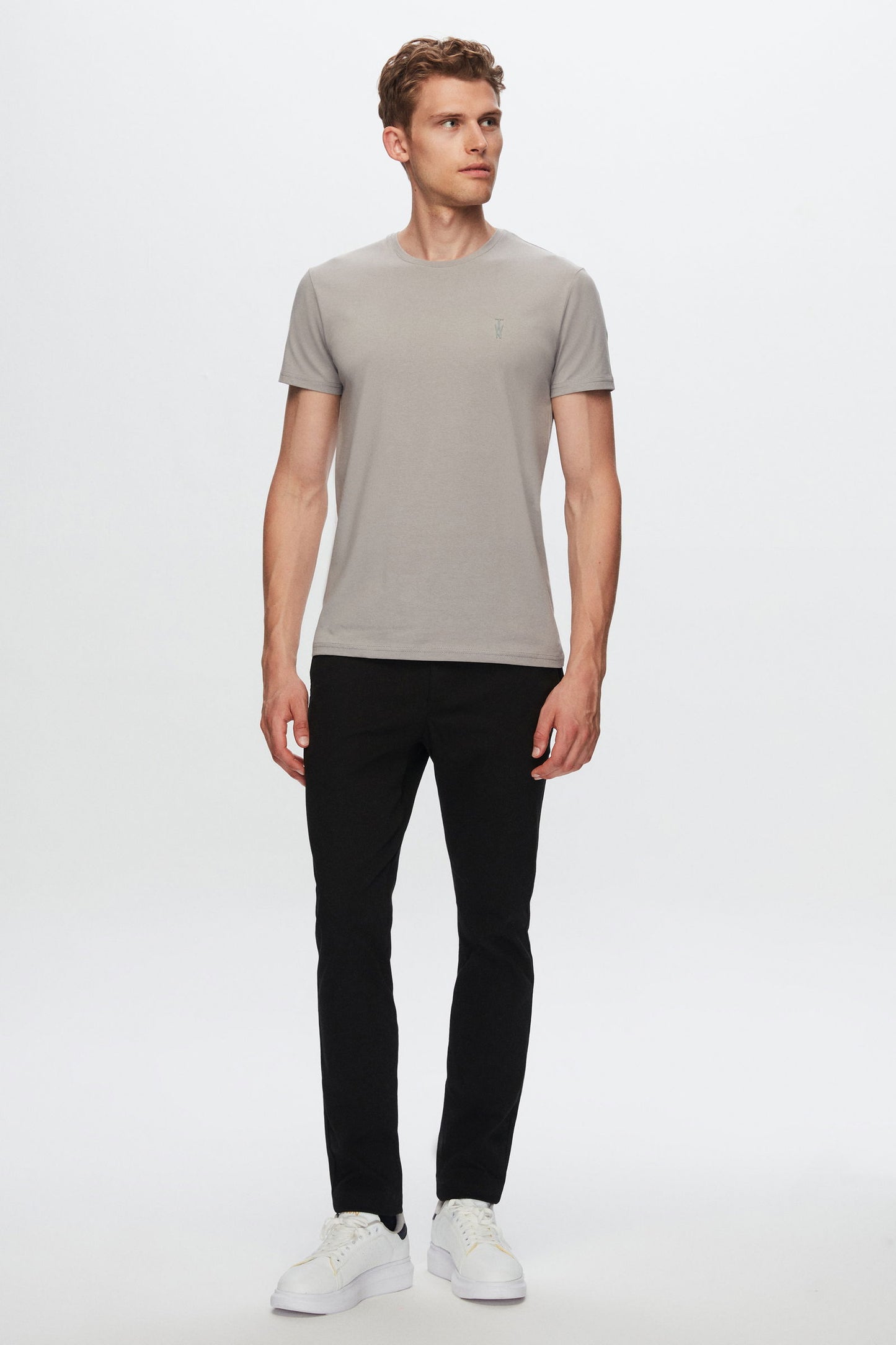 Twn Slim Fit Gri Düz Kabartma Baskılı T-shirt