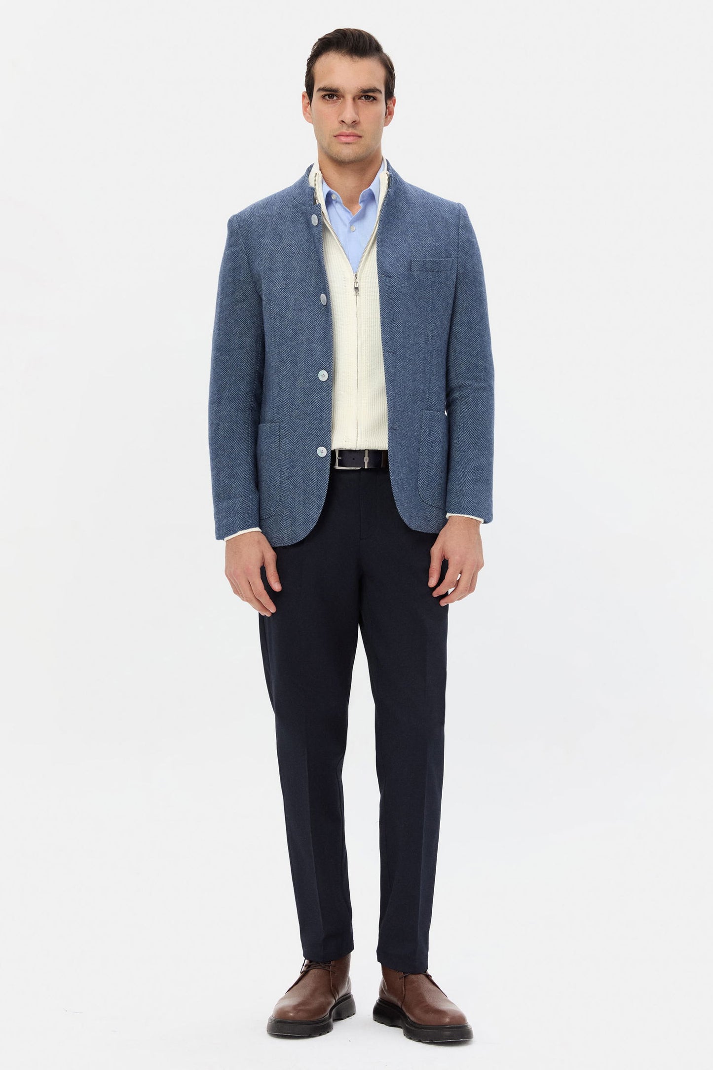 Twn Slim Fit Indigo Armürlü Kumaş Ceket
