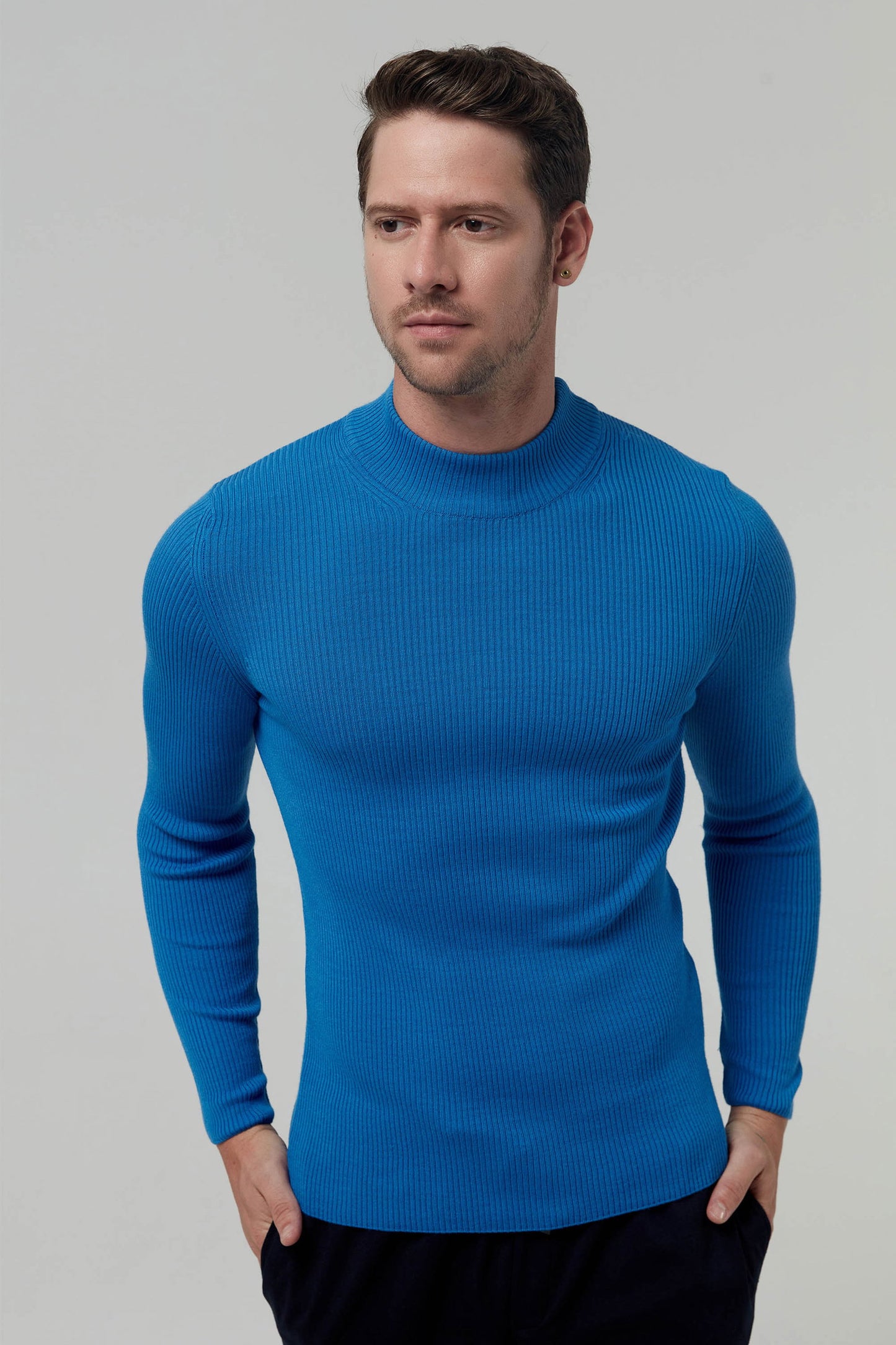 Twn Slim Fit Saks Mavi Rib Örgü Kazak