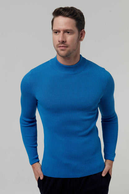 Twn Slim Fit Saks Mavi Rib Örgü Kazak