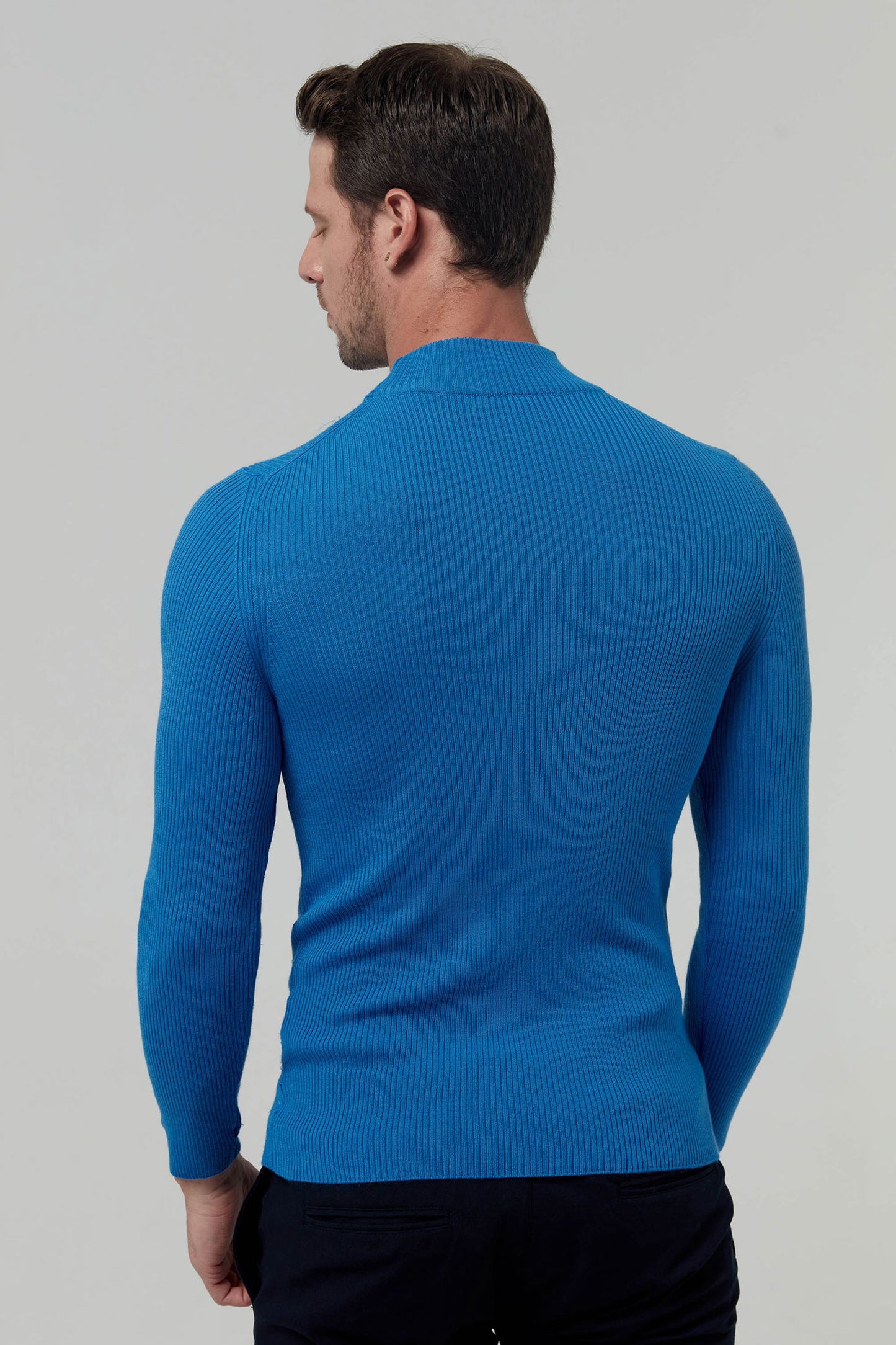 Twn Slim Fit Saks Mavi Rib Örgü Kazak