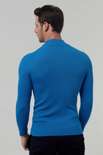 Twn Slim Fit Saks Mavi Rib Örgü Kazak