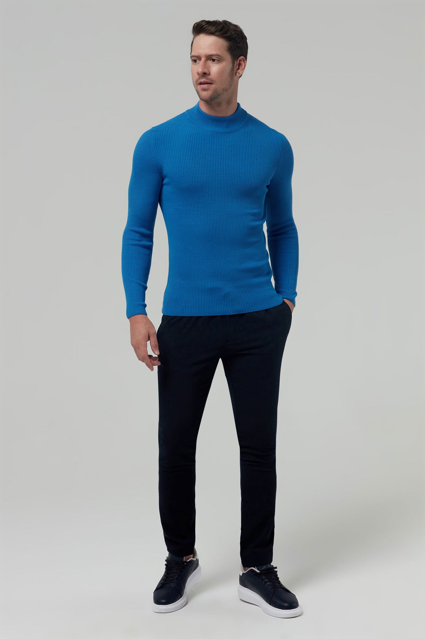 Twn Slim Fit Saks Mavi Rib Örgü Kazak