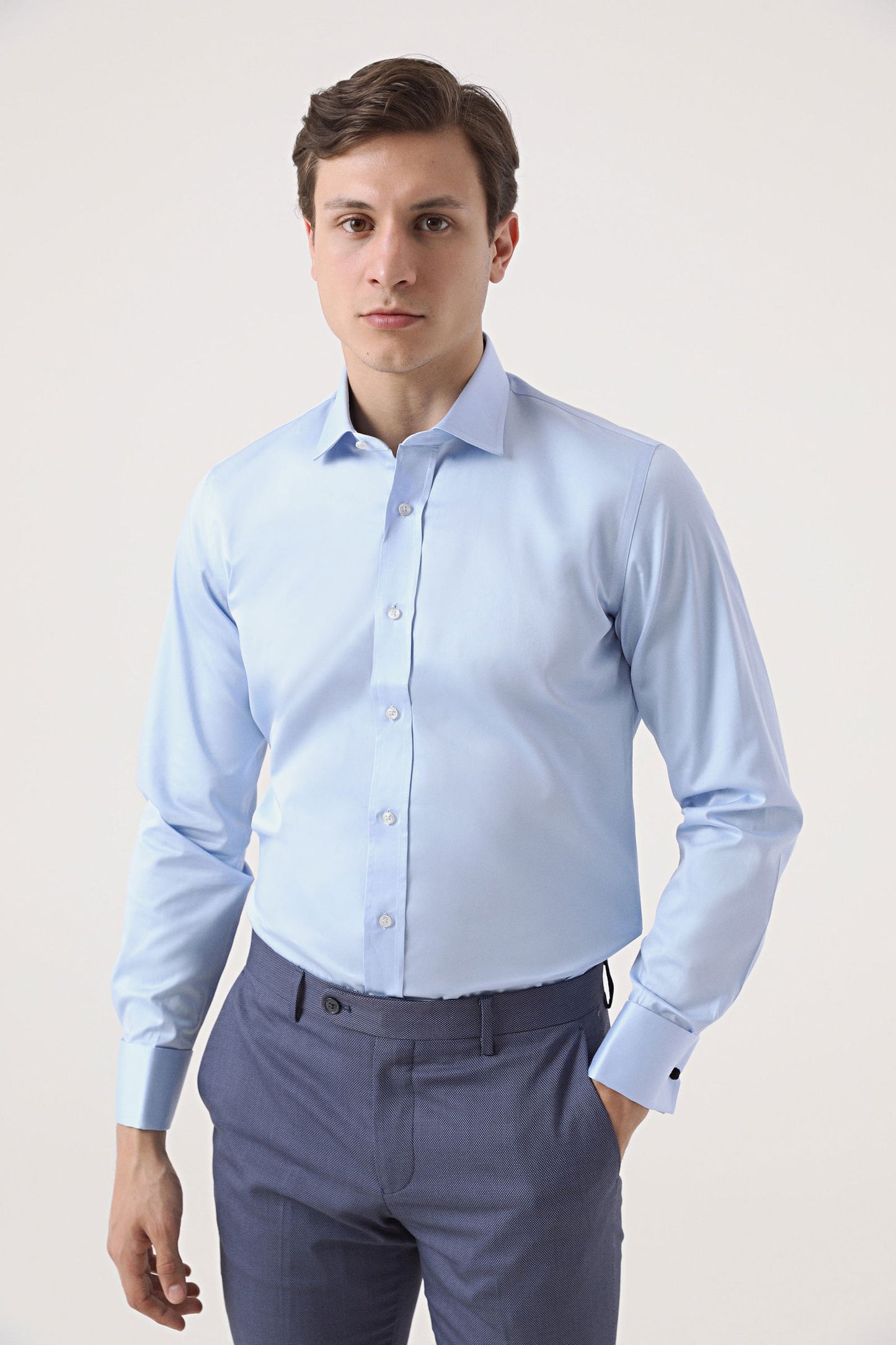 Ds Damat Slim Fit Mavi Düz Nano Care Gömlek