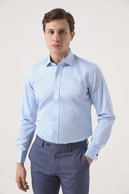 Ds Damat Slim Fit Mavi Düz Nano Care Gömlek