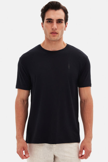 Twn Slim Fit Siyah Düz Kabartma Baskılı T-shirt