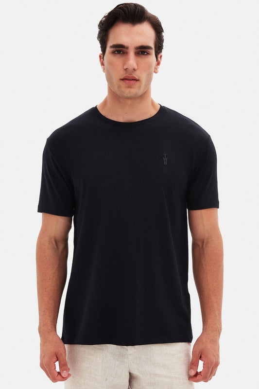 Twn Slim Fit Siyah Düz Kabartma Baskılı T-shirt