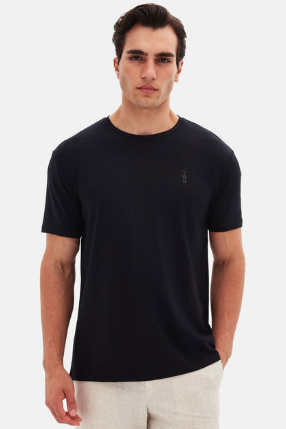 Twn Slim Fit Siyah Düz Kabartma Baskılı T-shirt