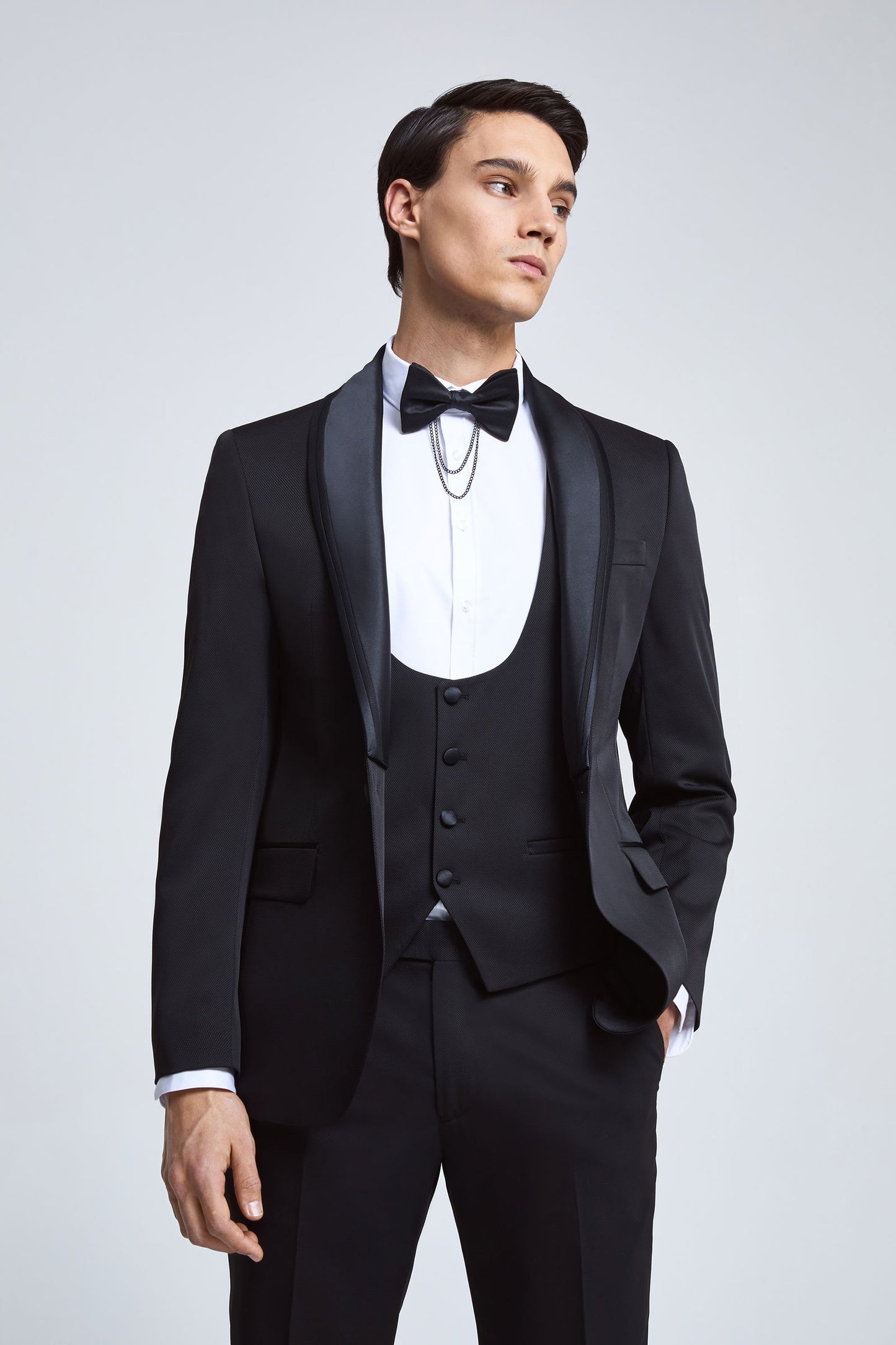Ds Damat Slim Fit Siyah Armürlü Smokin Yelekli Takim Elbise