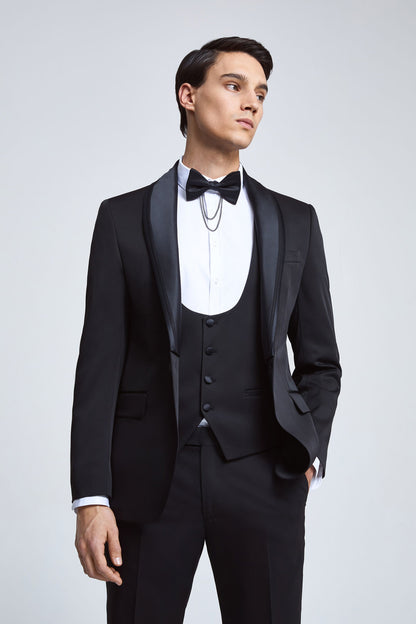 Ds Damat Slim Fit Siyah Armürlü Smokin Yelekli Takim Elbise