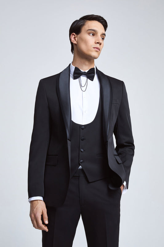 Ds Damat Slim Fit Siyah Armürlü Smokin Yelekli Takim Elbise