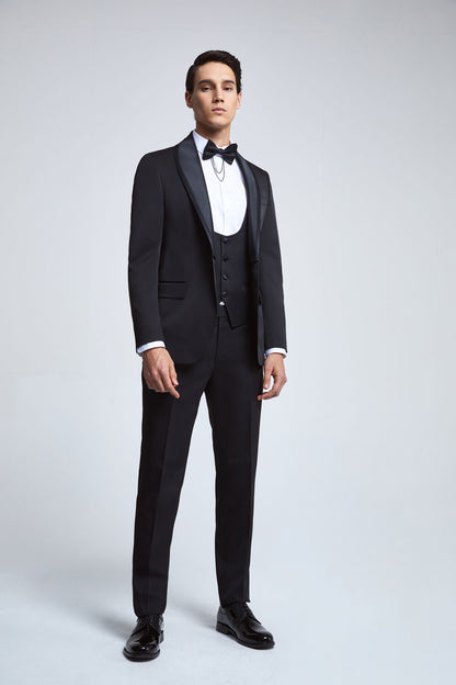 Ds Damat Slim Fit Siyah Armürlü Smokin Yelekli Takim Elbise