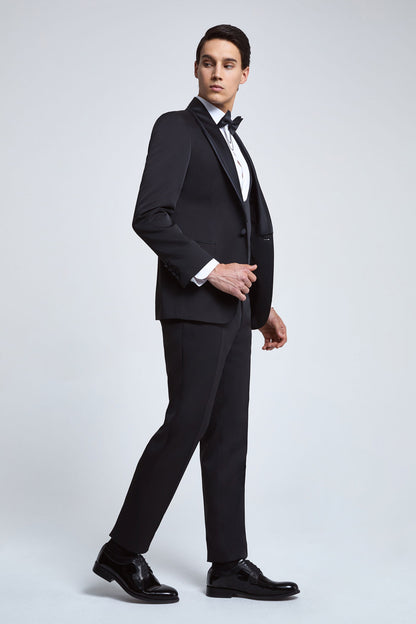 Ds Damat Slim Fit Siyah Armürlü Smokin Yelekli Takim Elbise