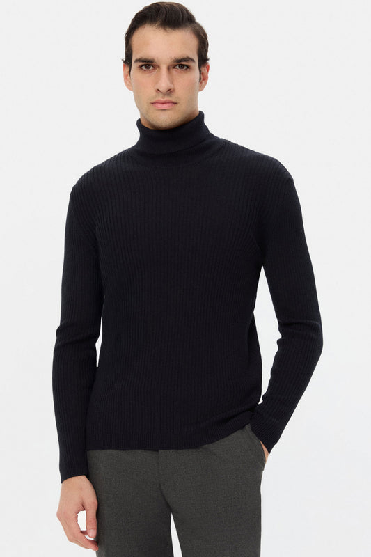 Twn Slim Fit Lacivert Rib Örgü Kazak