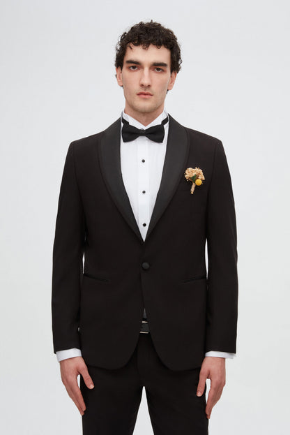 Twn Slim Fit Siyah Düz Damatlık & Smokin Yelekli Takim Elbise