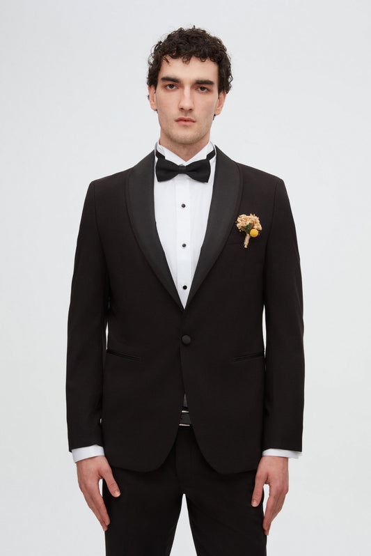 Twn Slim Fit Siyah Düz Damatlık & Smokin Yelekli Takim Elbise