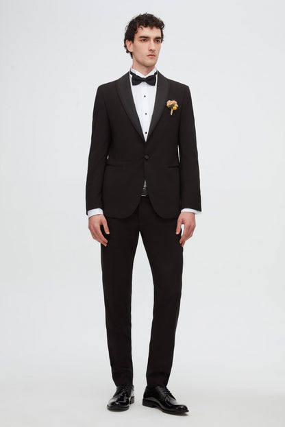 Twn Slim Fit Siyah Düz Damatlık & Smokin Yelekli Takim Elbise