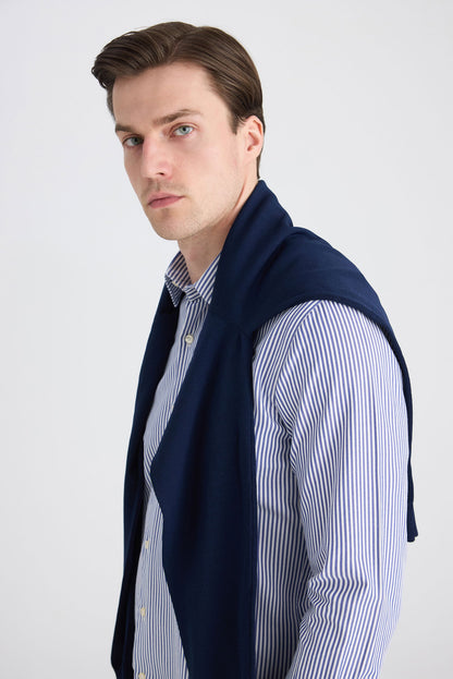 Twn Slim Fit Saks Mavi Çizgili Gömlek