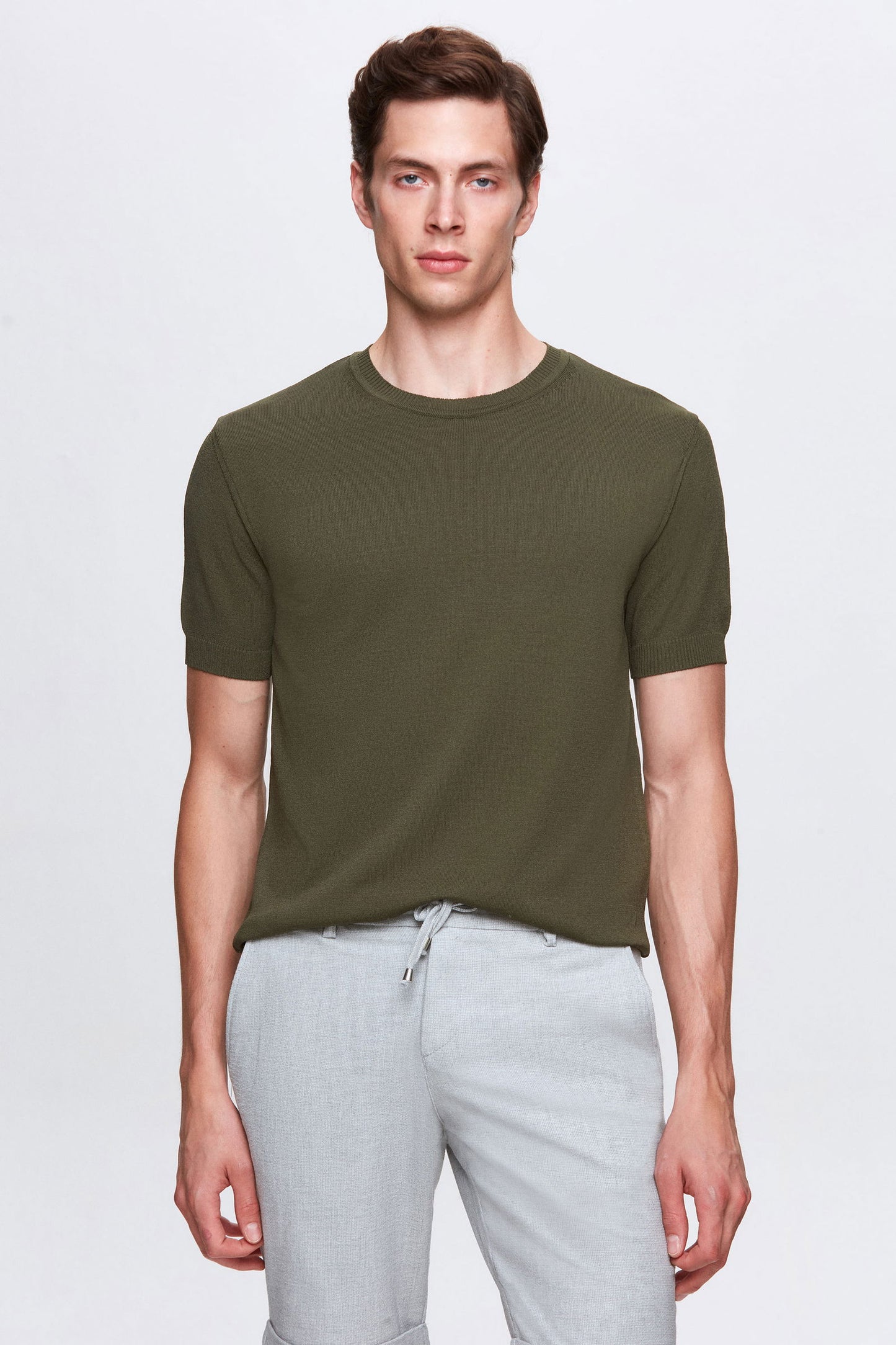Twn Slim Fit Haki Düz Örgü T-shirt