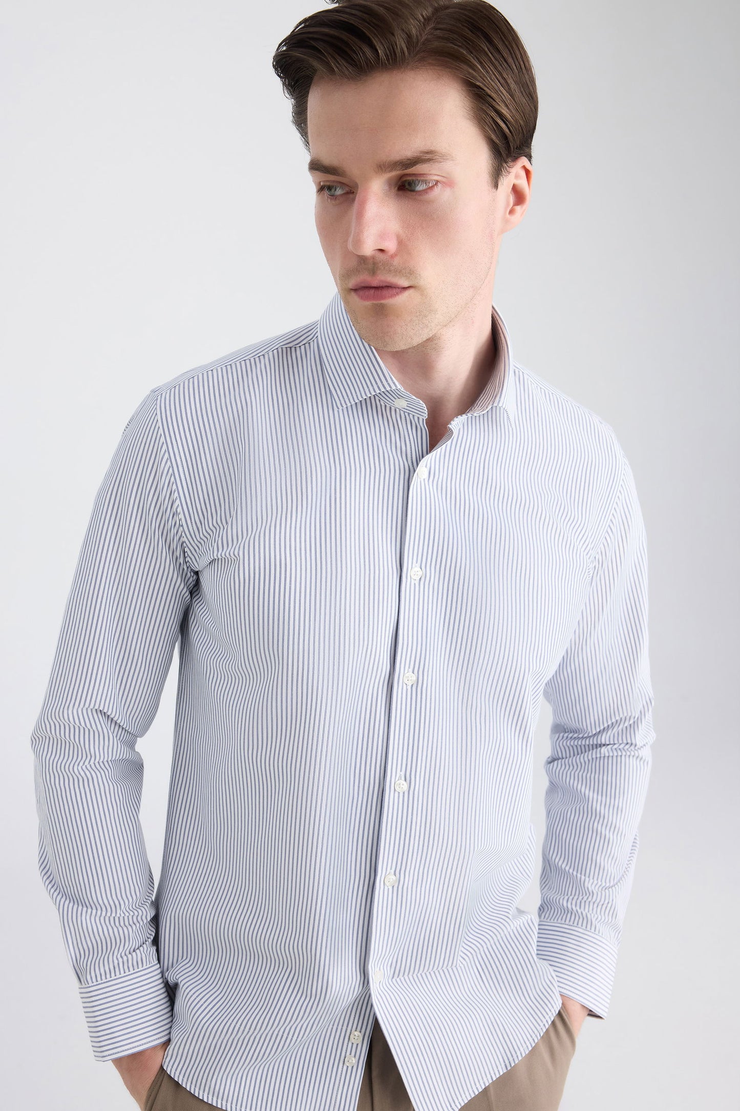 Twn Slim Fit Lacivert Çizgili Gömlek