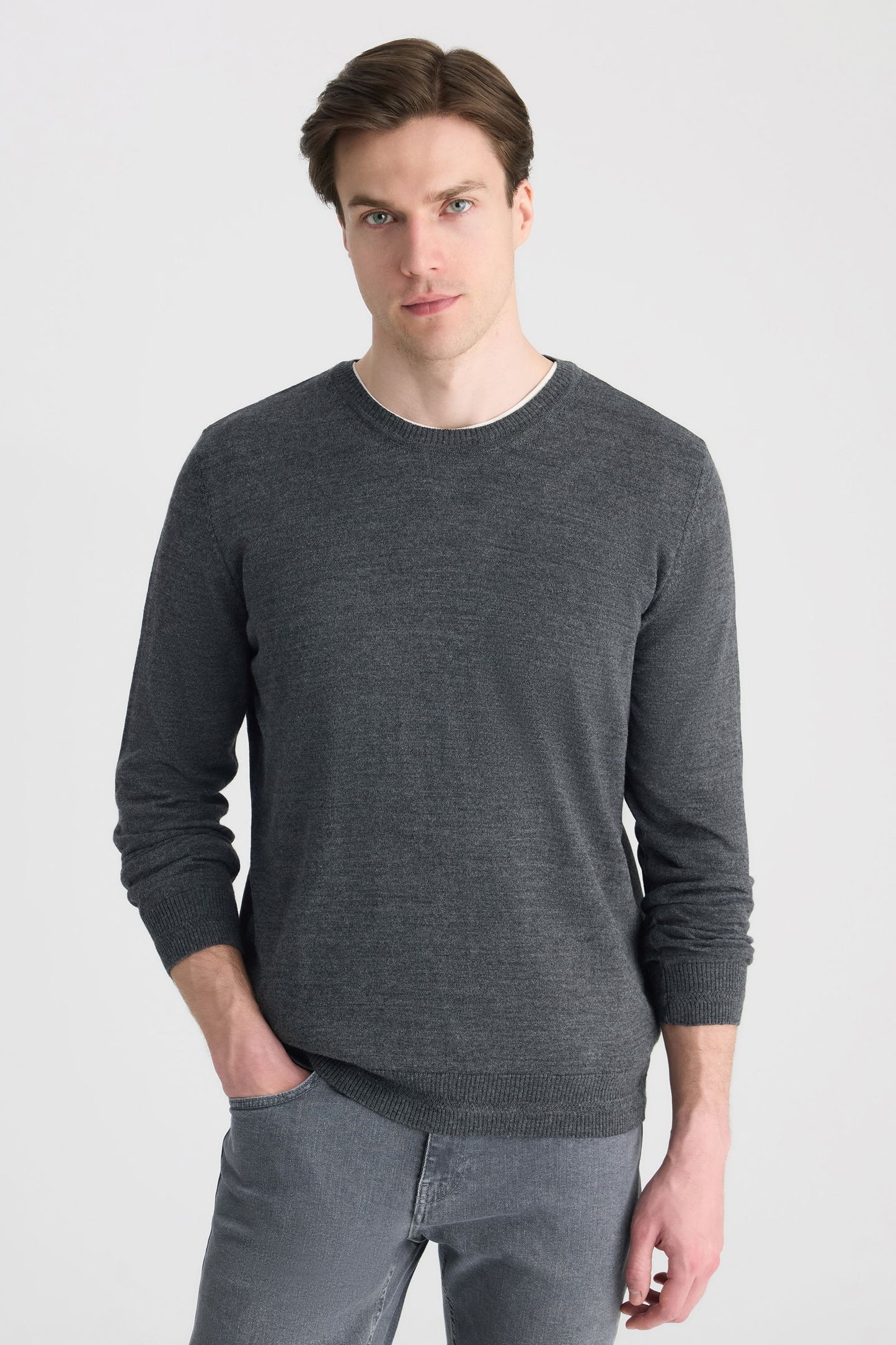 Ds Damat Regular Fit Gri Melanj Düz Örgü Kazak