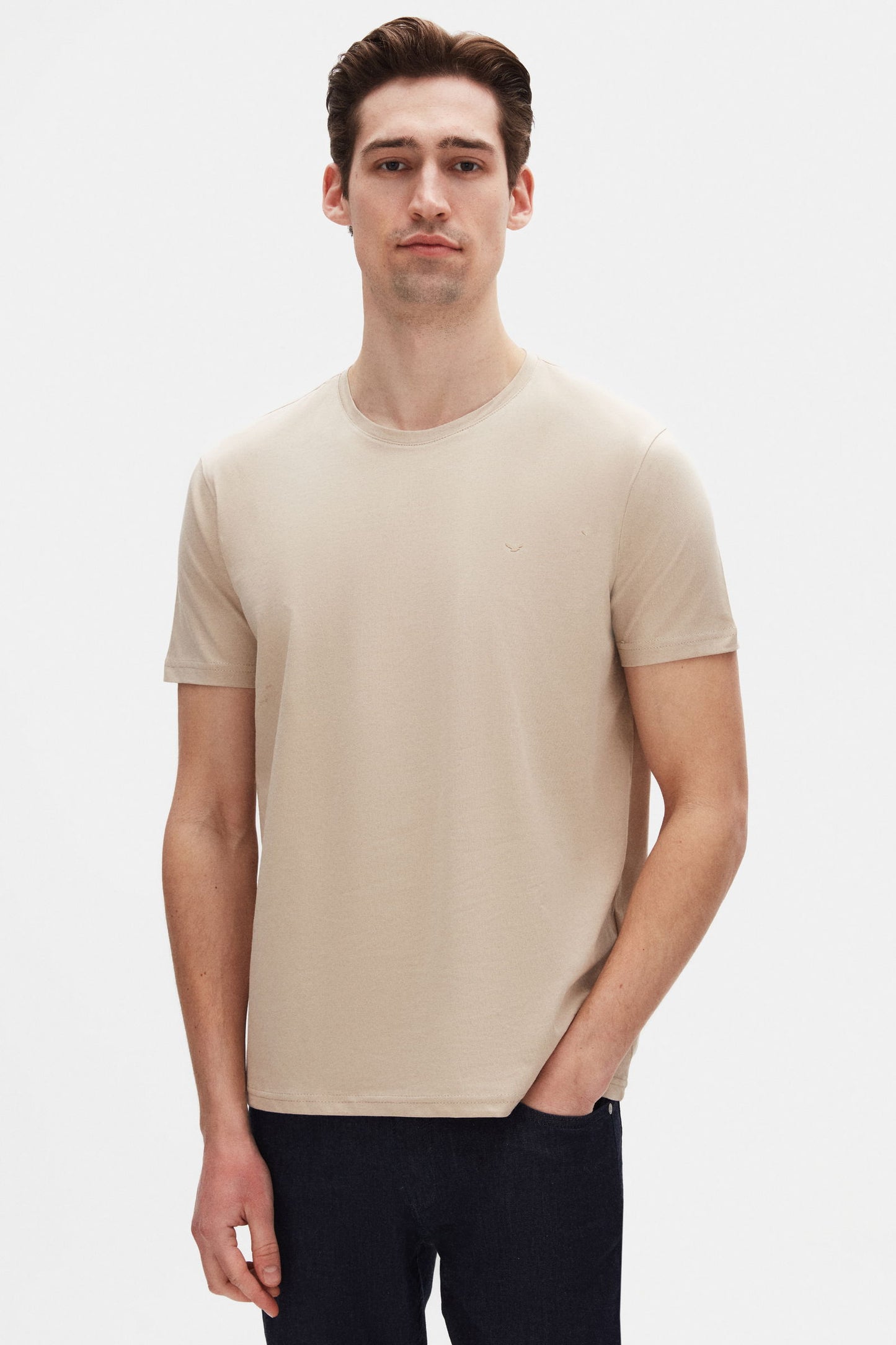 Ds Damat Regular Fit Bej Düz %100 Pamuk Logo Baskılı T-shirt